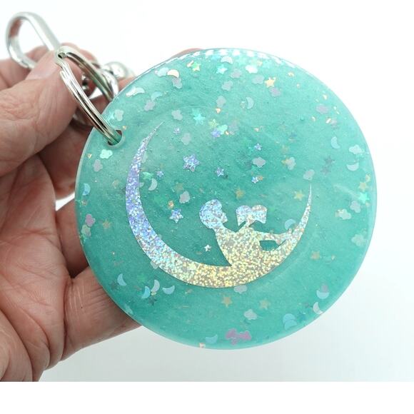 Seafoam n Stars Large Medallion Keychain  / Reading under the moon! - Picture 5 of 8